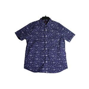 UNTUCKit Short Sleeve Blue Elephant Giraffe Print Button Shirt Men's Large Slim